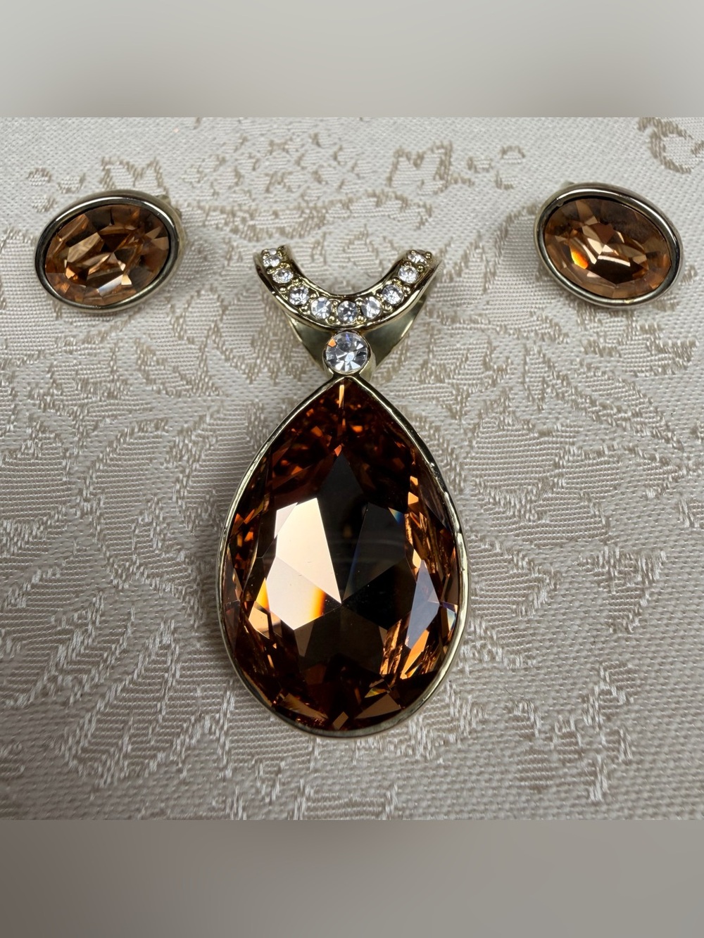 Vintage Teardrop Signed Brown Crystal Pendant with Matching Clip-On Earrings
